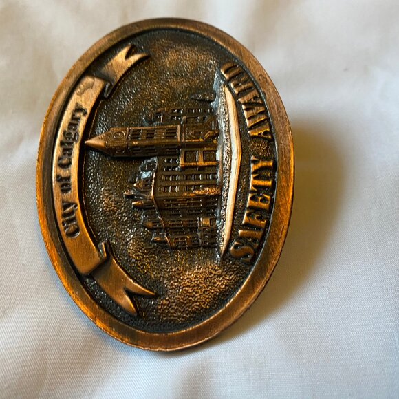 Vintage Brass City of Calgary Safety Award Belt Buckle Engraved 3" L x 2.25" W - Picture 2 of 5